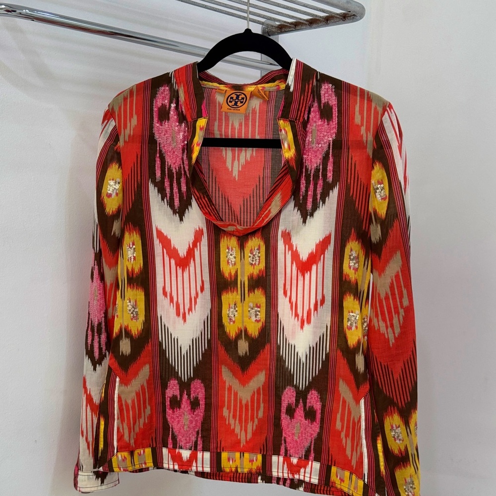 Tory Burch Red and Pink Ikat Print Blouse